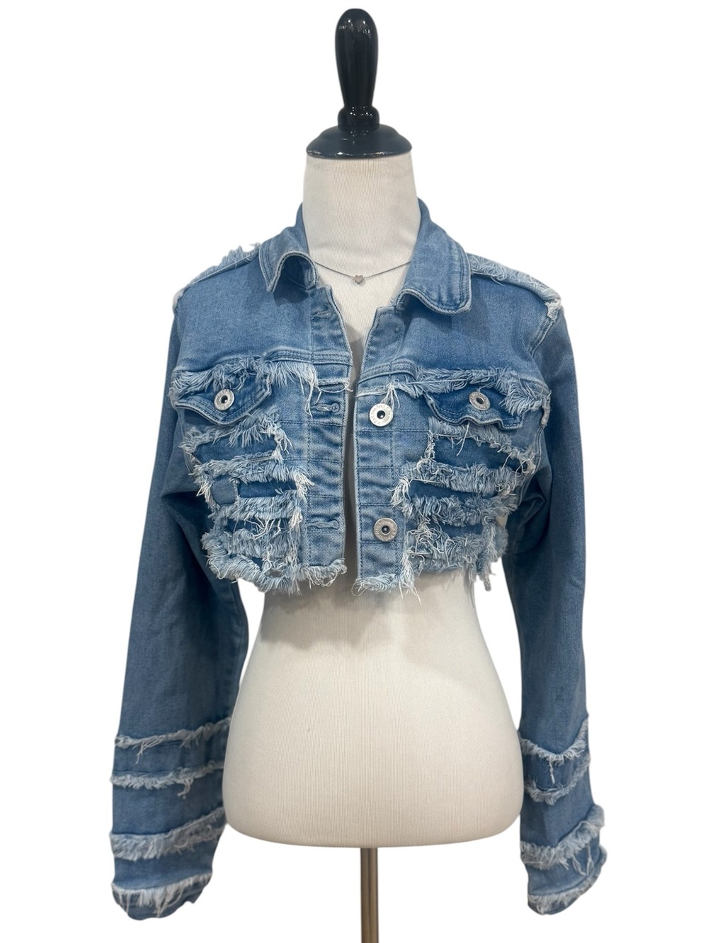 Red Fox Womens M Cropped Denim Jacket Distressed Frayed Ripped Jean Blue